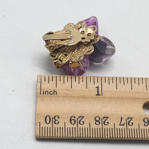 Vintage Clip On Earrings Pink Purple Glass Beads Gold Tone Metal Filigree - Picture 5 of 5